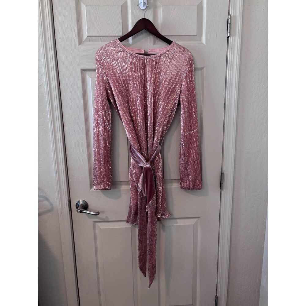 Fashion Nova Pink Sequin Mini Dress Long Sleeve Tie Back Party Dress Large